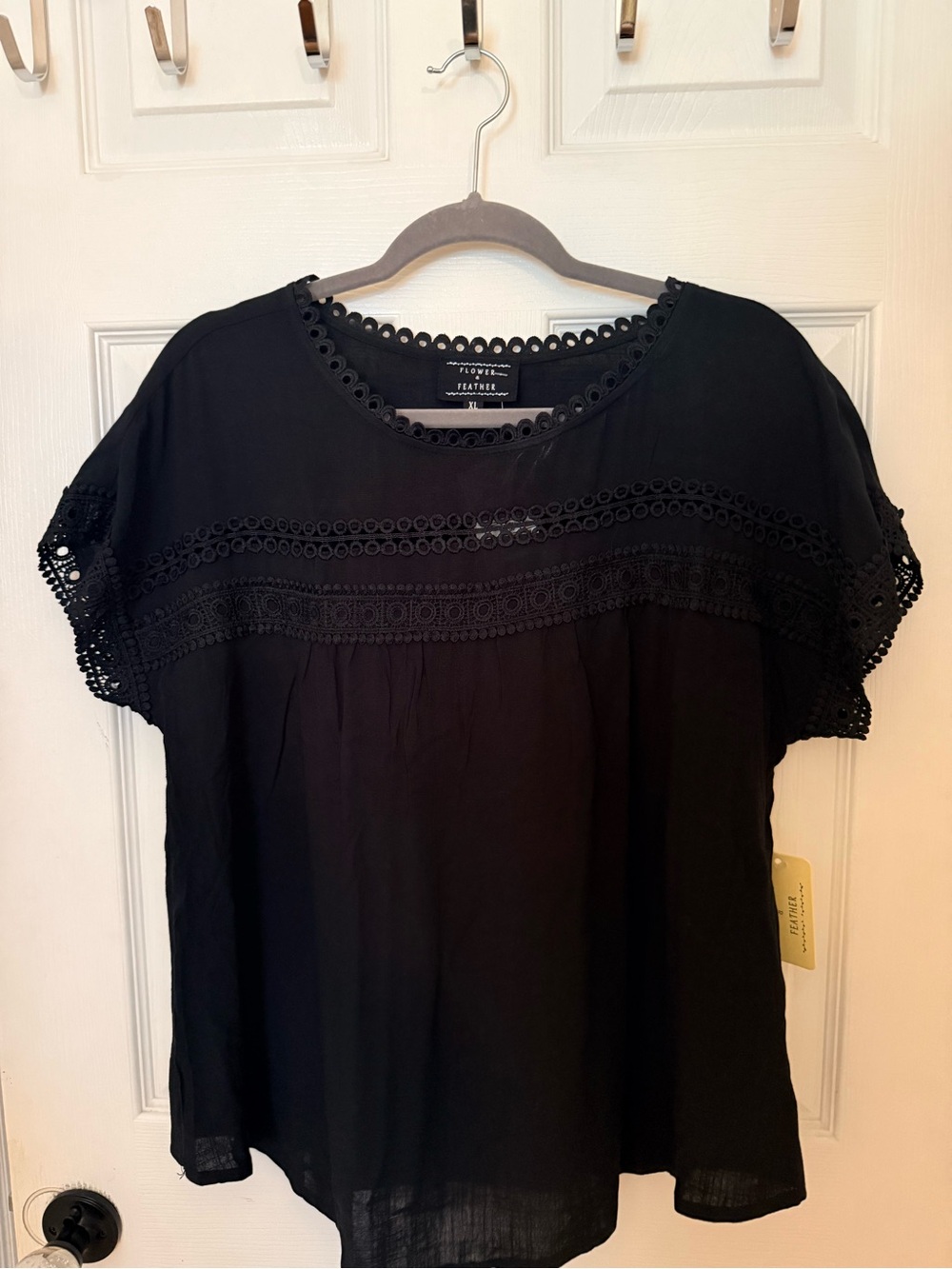 Women's Black Crochet-Trim Short Sleeve Blouse